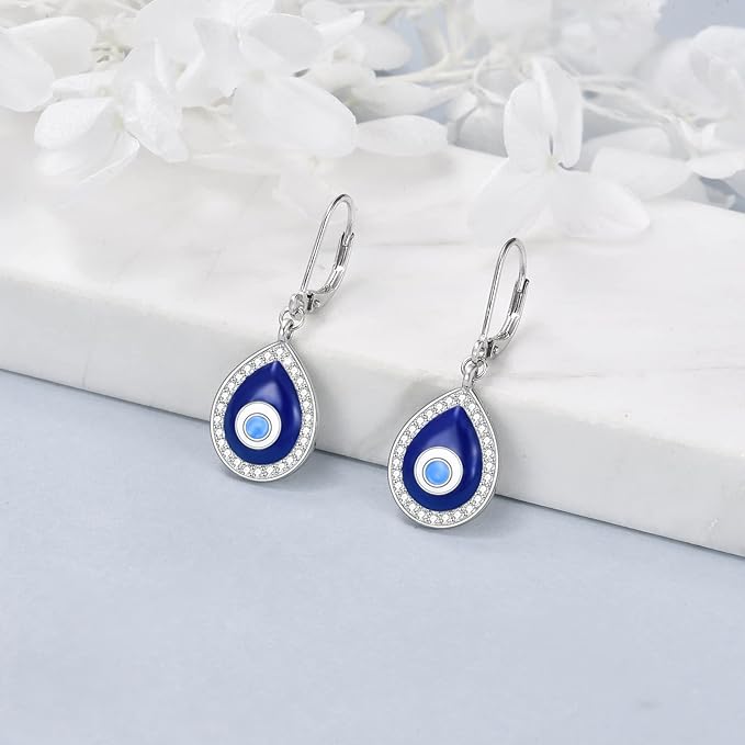 YAFEINI Evil Eye Earrings Sterling Silver Leverback Evil Eye Dangle Drop Earrings Turkish Protection Jewelry for Women Girls