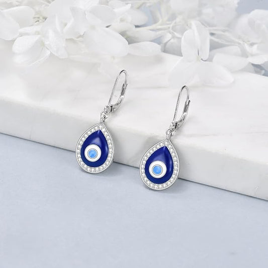 YAFEINI Evil Eye Earrings Sterling Silver Leverback Evil Eye Dangle Drop Earrings Turkish Protection Jewelry for Women Girls