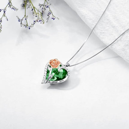 TOUPOP Jewelry for Women Rose Flower Necklace 925 Sterling Silver Rose Crystal Pendant Necklace Heart Birthstone Necklace Birthday Anniversary Jewelry Gifts for Women Wife Girls Mom