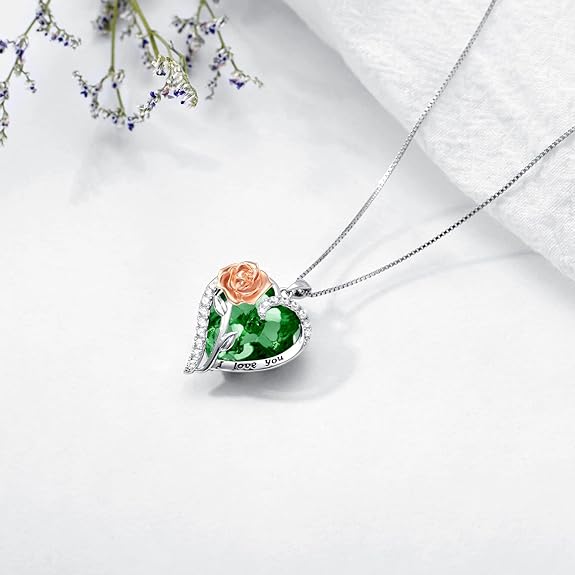 TOUPOP Jewelry for Women Rose Flower Necklace 925 Sterling Silver Rose Crystal Pendant Necklace Heart Birthstone Necklace Birthday Anniversary Jewelry Gifts for Women Wife Girls Mom