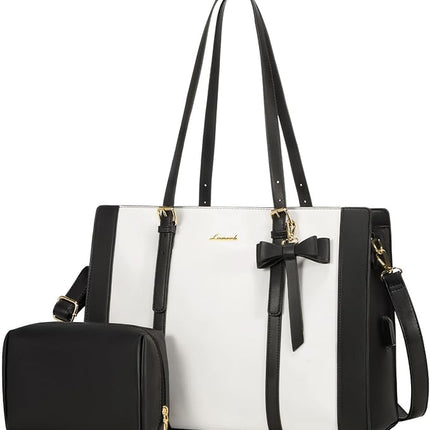 LOVEVOOK Laptop Bag for Women, Large Capacity Work Tote Bag, Fashion Shoulder Bag with Clutch Purse, 15.6-inch Computer Business Briefcase Travel Bag 2 Pcs Set, White-Black