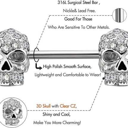 OUFER 2PCS 14G 316L Surgical Steel Nipple Rings Barbell Clear CZ Skull Nipple Bars Nipple Piercing