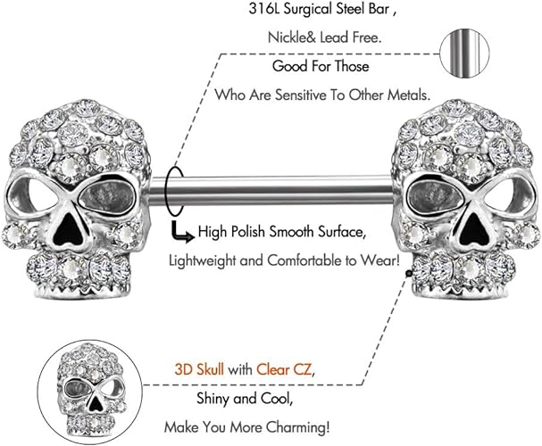 OUFER 2PCS 14G 316L Surgical Steel Nipple Rings Barbell Clear CZ Skull Nipple Bars Nipple Piercing