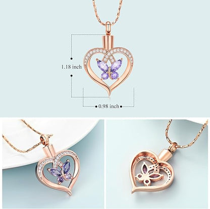 Imrsanl Butterfly Urn Necklaces for Women Girls Birthstone Cremation Jewelry Urns Pendant for Human Ashes Memorial Locket Keepsake Jewelry