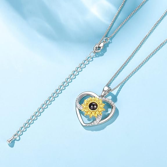 SNZM Heart Necklace for Women 100 Languages I Love You Crystal Pendant, Sunflower Jewelry Gifts for Mum, Girlfriend On Anniversary, Birthday, Valentine's Day
