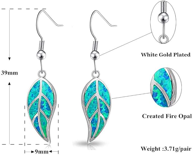 8K White Gold Plated Leaf Opal Dangle Drop Earrings for Women Teen Girls Hypoallergenic Opal Jewelry