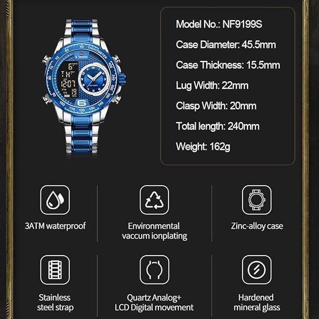 NAVIFORCE Men's Multifunction Waterproof Sport Analog Digital Quartz Watch with Chronograph Dual Time Alarm SIG Snooze Function
