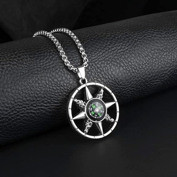 Jemant Compass Necklace For Men Silver Stainless Steel Chain Viking Goth Vintage Engraved Pattern Round Compass Pendant Necklace Non Tarnish Waterproof Jewelry For Navy Sailors