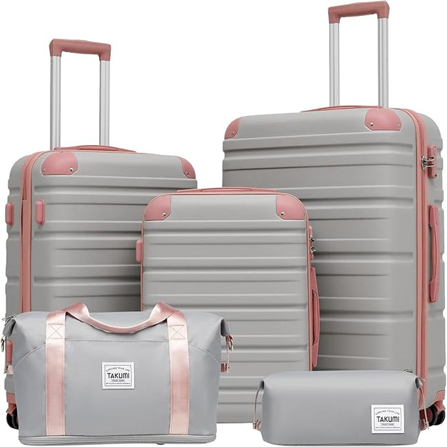 TAKUMI Luggage Sets 5 Piece Lightweight Carry On luggage with Duffel Bag ABS+PC Hardshell Suitcases with YKK zippers Double Spinner Wheels Travel Luggage with TSA Lock(GREY PINK, 5 PIECE SET)