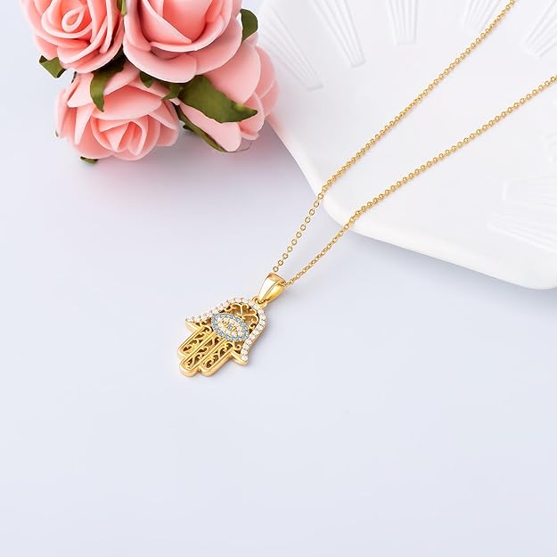 White Gold 14K Gold Plated Necklaces for Women Evil Eye Necklace for Women Girls Evil Eye Hamsa Hand of Fatima Pendant Necklace Good Luck Necklace Jewelry