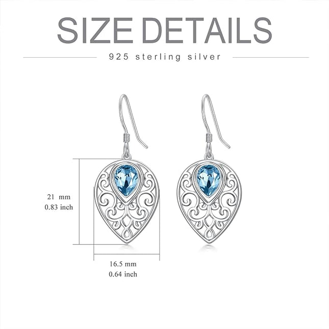 Teardrops Earrings 925 Sterling Silver Filigree With Blue Cubic zirconia Teardrops Dangle Drop Hook Earrings for Women and Teen Girls