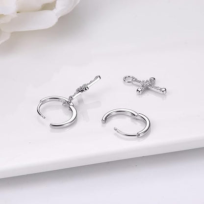 Milacolato 925 Sterling Silver Cross Earrings for Men Women Dainty CZ Huggie Hoop Earrings Iced Out Cross Dangle Earrings Lightweight Huggie Cuff Dangle Earrings for Men Women