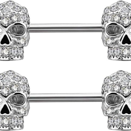 OUFER 2PCS 14G 316L Surgical Steel Nipple Rings Barbell Clear CZ Skull Nipple Bars Nipple Piercing