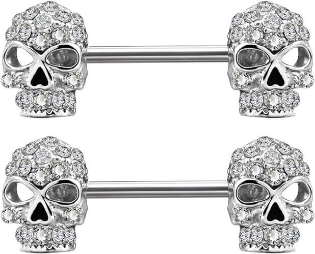 OUFER 2PCS 14G 316L Surgical Steel Nipple Rings Barbell Clear CZ Skull Nipple Bars Nipple Piercing