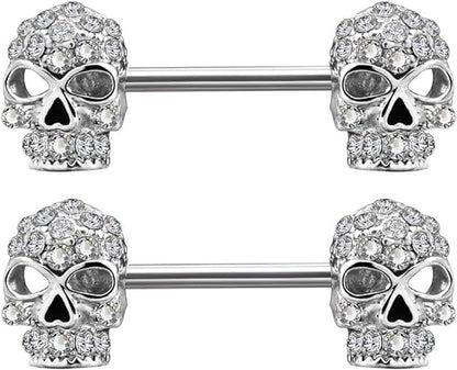 OUFER 2PCS 14G 316L Surgical Steel Nipple Rings Barbell Clear CZ Skull Nipple Bars Nipple Piercing