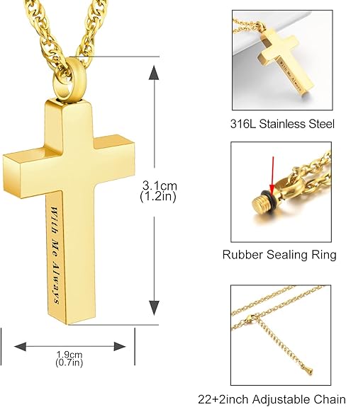 Cremation Cross Necklace for Ashes Stainless Steel Cross Urn Pendant Ashes Holder Memorial Jewelry-With Me Always