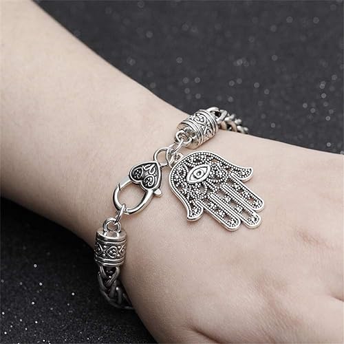 Hamsa Hand of Fatima Silver Bracelet - Evil Eye Protection Silver Tone Alloy Charm Jewelry