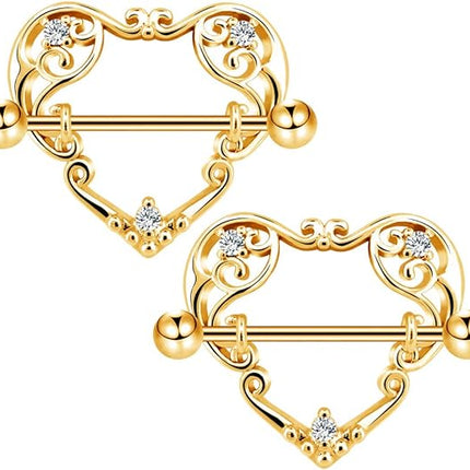 COCHARM 14G Heart Nipple Rings for Women Surgical Steel CZ Nipple Piercings Nipple Barbells Nipple Bars Gold