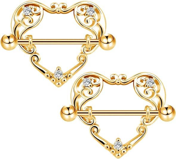 COCHARM 14G Heart Nipple Rings for Women Surgical Steel CZ Nipple Piercings Nipple Barbells Nipple Bars Gold