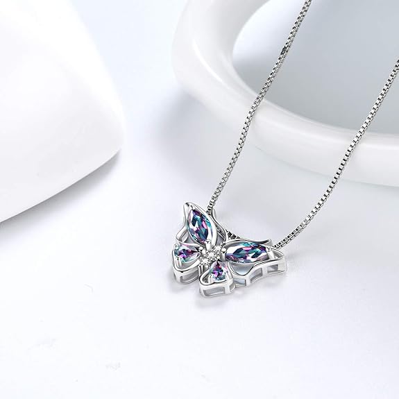 Aurora Tears Butterfly Birthstone Pendant Necklace - Women 925 Sterling Silver Butterflies Birthstone Pendant Necklace Jewelry Birthday Gift for Women