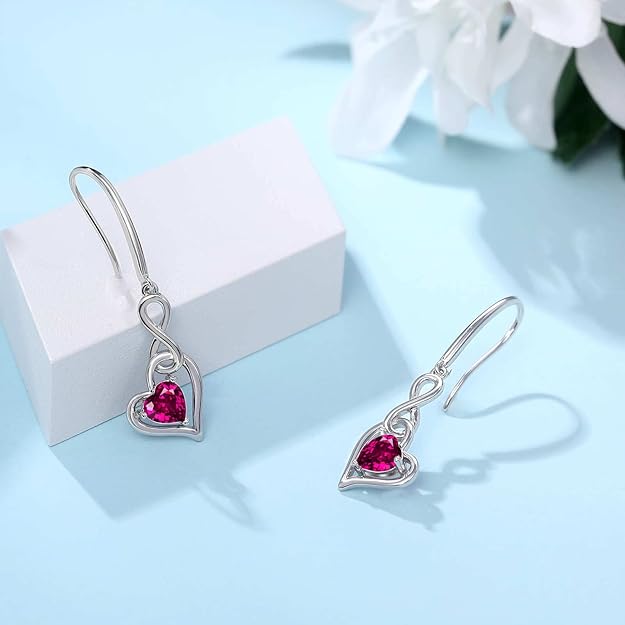 Shysnow Birthstone Infinity Dangle Earrings for Women 925 Sterling Silver Heart Cubic Zirconia Drop Gemstone Dangling Earrings Birthstones Jewelry