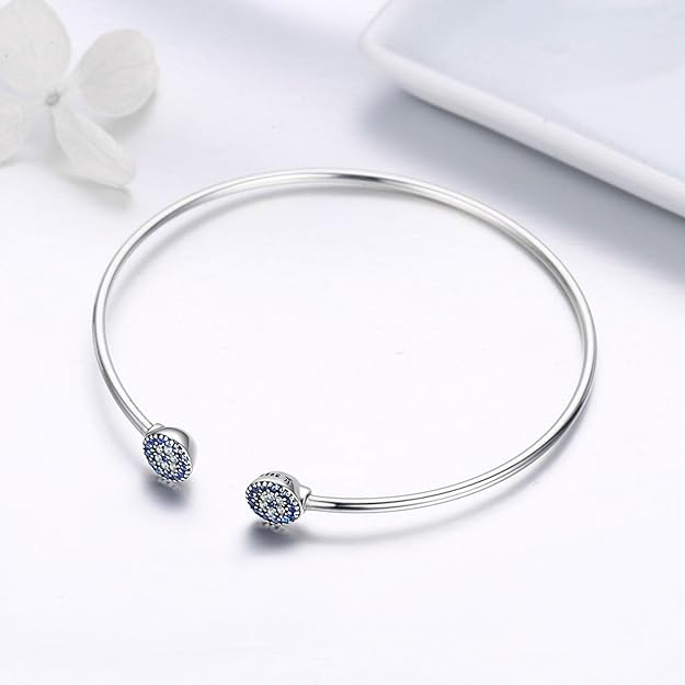 BISAER 925 Sterling Silver Blue Evil Eye Bracelet with Cubic Zirconia Hamsa Adjustable Chain Bracelets for Women