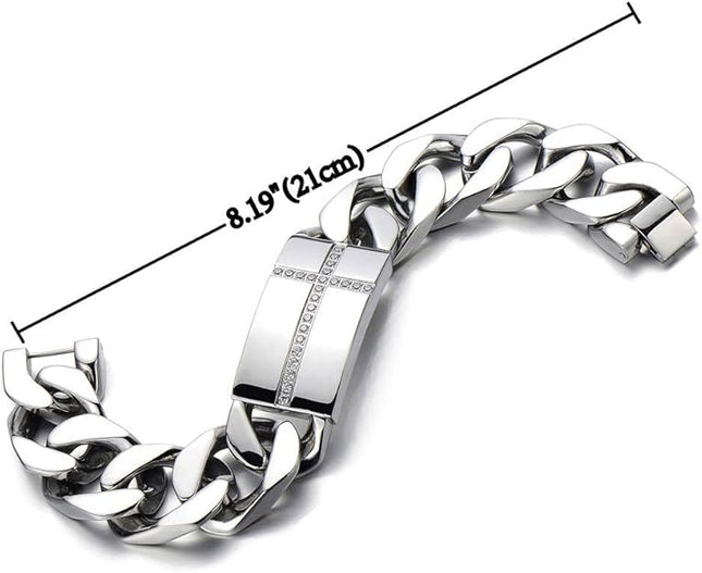 COOLSTEELANDBEYOND Mens Large Stainless Steel Cross Identity Curb Chain Bracelet Set with Cubic Zirconia Hip Hop Rock