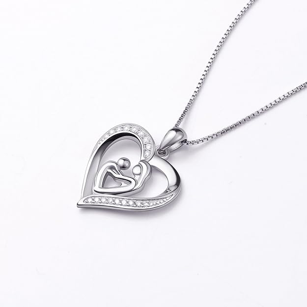 DAOCHONG Mother's Day Gift Mother Holding Child Sterling Silver Mothers Love Heart CZ Pendant Necklace for Women Mother Grandmother