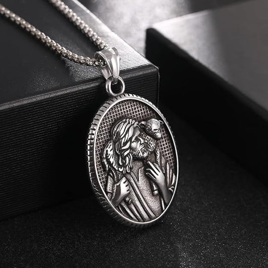 NIGHTCRUZ Jesus Shepherd Necklace, Oval Religious Medal Medallion Stainless Steel for Men