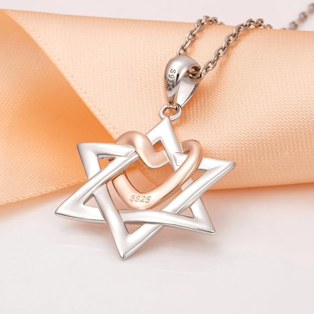 APOTIE Silver Star of David pendant with Rose Gold Heart Necklace Mother Day Jewelry Gift for Mom Women (Rose Gold Heart Star of David Necklace)