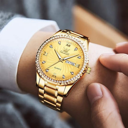 Men's Casual Stainless Steel Watch, Big Face Easy to Read Analog Quartz Watch with Day and Date, Classic Waterproof Diamond Roman Arabic Numerals Dial Dress Watch for Men, Gold Silver Black Band