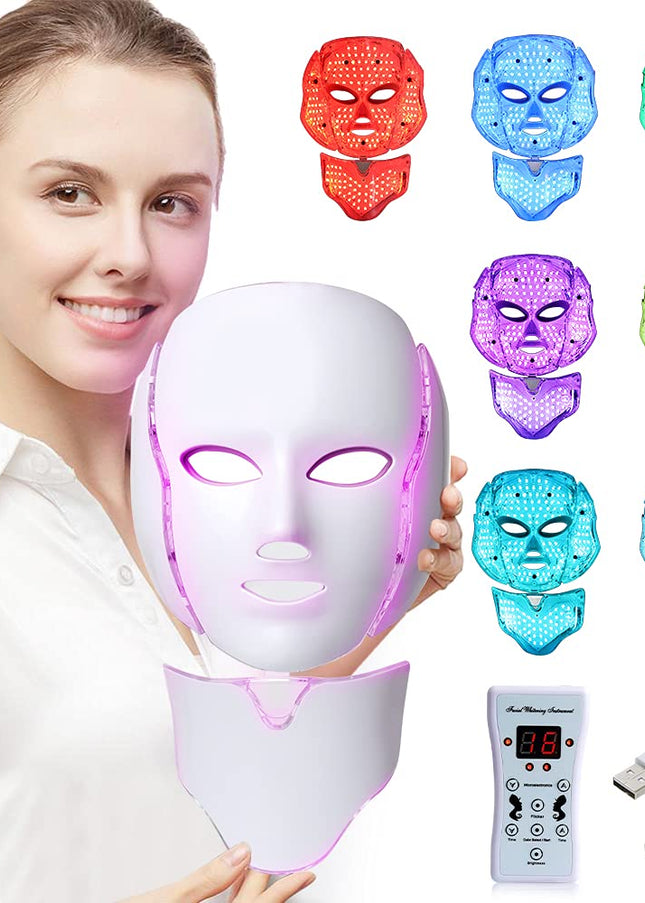 LED Face Mâsk Light Therapy | 7 Color Skin Rejuvenation Therapy LED Photon Mâsk Light Facial Skin Care Anti Aging Skin Tightening Wrinkles Toning Mâsk (For face & neck). (White)