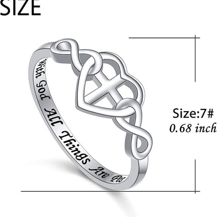 DAOCHONG S925 Sterling Silver Christian Cross Heart Inspirational Faith Bible Verse Necklace & Rinags for Women Teen Jewelry
