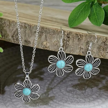 Vintage Style Women's Earrings Necklace 3 Piece Set Antique Silver Drop Shaped Turquoise Pendant