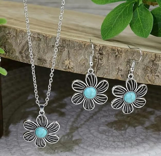 Vintage Style Women's Earrings Necklace 3 Piece Set Antique Silver Drop Shaped Turquoise Pendant