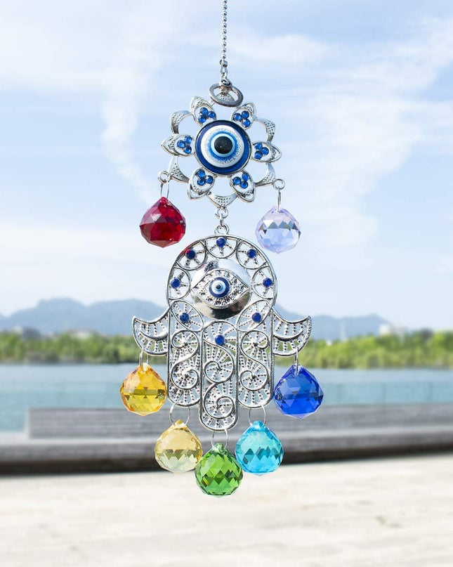 Hamsa Hand with Blue Evil Eye Protection Hanging Crystal Ornament with Chakra Energy Crystal Balls