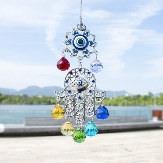 Hamsa Hand with Blue Evil Eye Protection Hanging Crystal Ornament with Chakra Energy Crystal Balls