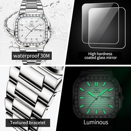 OLEVS Mens Tank Watch Minimalist Diamond Watch Fashion Dress Analog Quartz Mens Watches Rectangular Waterproof Stainless Steel Luminous with Date Watches for Men