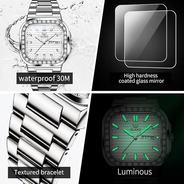 OLEVS Mens Tank Watch Minimalist Diamond Watch Fashion Dress Analog Quartz Mens Watches Rectangular Waterproof Stainless Steel Luminous with Date Watches for Men