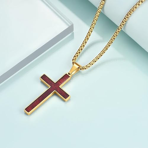 Rnivida Mens Stainless Steel Wood Inlay Cross Pendant Necklace, Christian Wood Cross Necklace 24" Round Box Chain