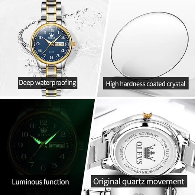 OLEVS Luxury Ladies Watches,Women's Watch with Day and Date,Female Watch for Small Wrist,Gold Stainless Steel Watches for Women,Easy Read Ladies Wrist Watches Waterproof（Adjustable Strap