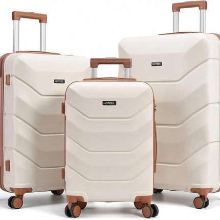 Hoteel Luggage Sets 3 Piece with Spinner Wheels TSA Lock (4-YEAR WARRANTY), Durable Carry On Suitcase Luggages, Wet-Dry Separation Compartment, ABS Hardshell for Travel, School, Beige(20/24/28in)