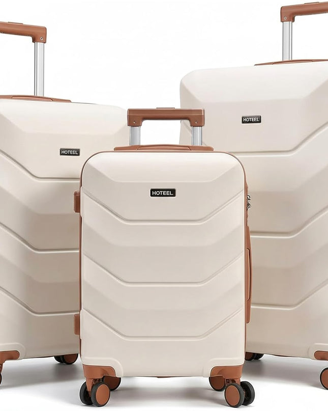 Hoteel Luggage Sets 3 Piece with Spinner Wheels TSA Lock (4-YEAR WARRANTY), Durable Carry On Suitcase Luggages, Wet-Dry Separation Compartment, ABS Hardshell for Travel, School, Beige(20/24/28in)