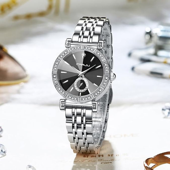 CRRJU Classic Fashion Women's Rhinestone Diamond Wrist Watches Stainless Steel Japanese Quartz Movement Analog Dress Watches for Women