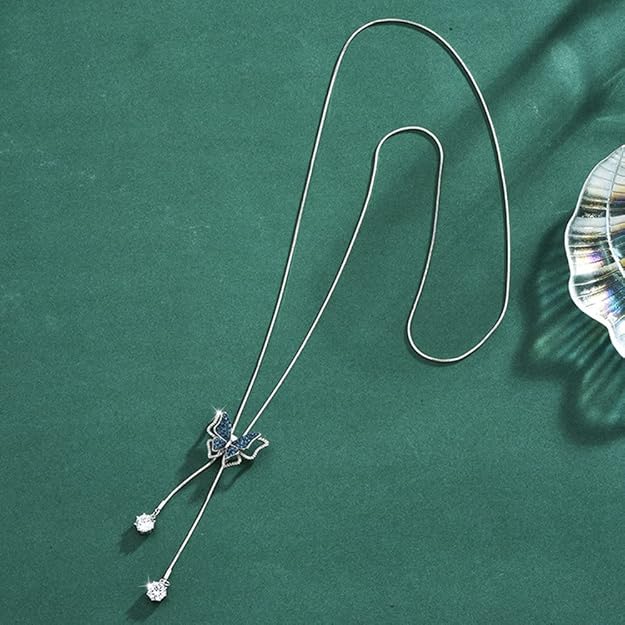 Sither Butterfly Pendant Necklace for Women Long Sweater Chain Crystal Tassel Necklace Wedding Dressy Necklace Jewelry for Winter Evening Party Christmas Gift