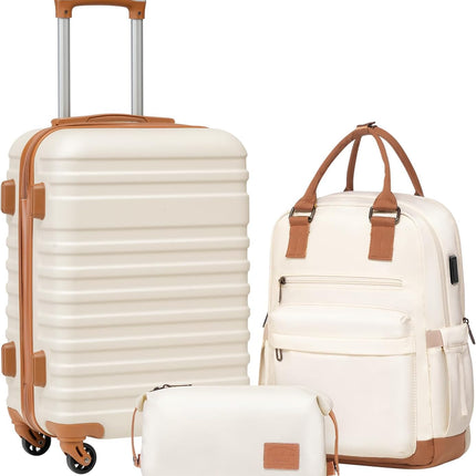 Coolife Luggage Sets Suitcase Set 3 Piece Luggage Set Carry On Hardside Luggage with TSA Lock Spinner Wheels (White, 3 piece set (BP/TB/20))