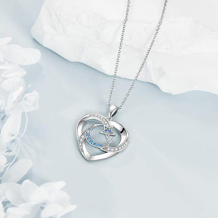 AXELUNA Moon Star Necklace Heart Necklace Sterling Silver S925 Cubic Zirconial Jewelry for Women Ladies