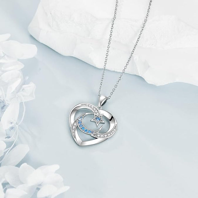 AXELUNA Moon Star Necklace Heart Necklace Sterling Silver S925 Cubic Zirconial Jewelry for Women Ladies