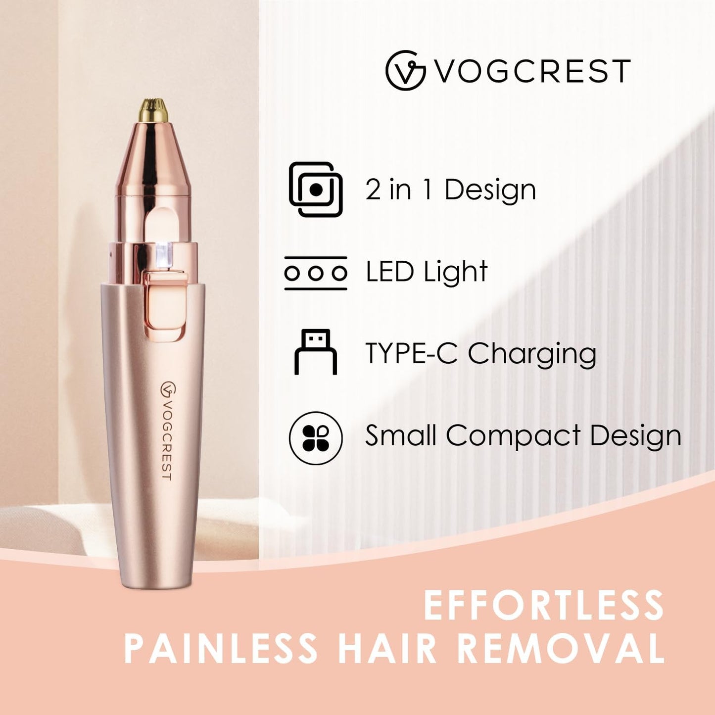 Eyebrow & Facial Trimmer: 2 in1 Rechargeable Facial Hair Removal & Eyebrow Shaver - Body Razor with Built-in LED Light (Rose Gold)