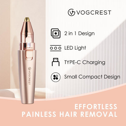 Eyebrow & Facial Trimmer: 2 in1 Rechargeable Facial Hair Removal & Eyebrow Shaver - Body Razor with Built-in LED Light (Rose Gold)
